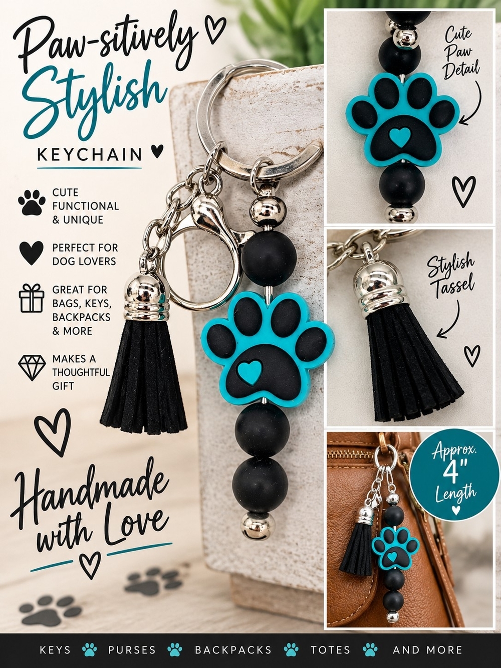 A71. Paw Print Tassel Keychain in Black & Blue NWT